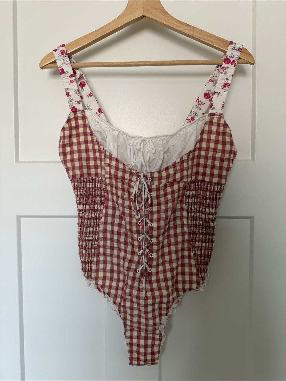 For Love & Lemons Red and Cream Gingham Lace-Up Bodysuit Georgia Bodysuit size L - Picture 5 of 12